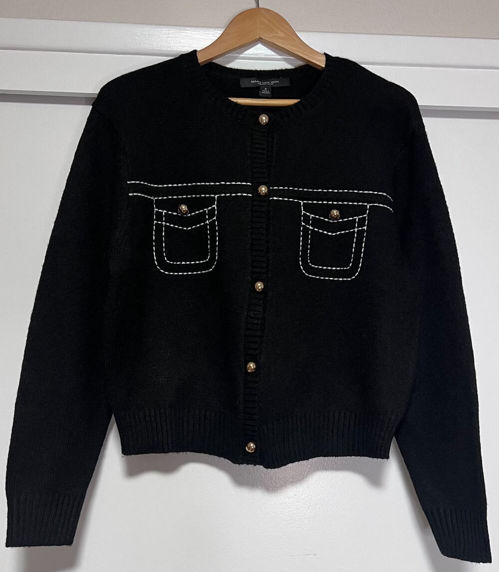 Marc New York Black Knit Cardigan Gold Buttons Contrast Stitching size M – NWT